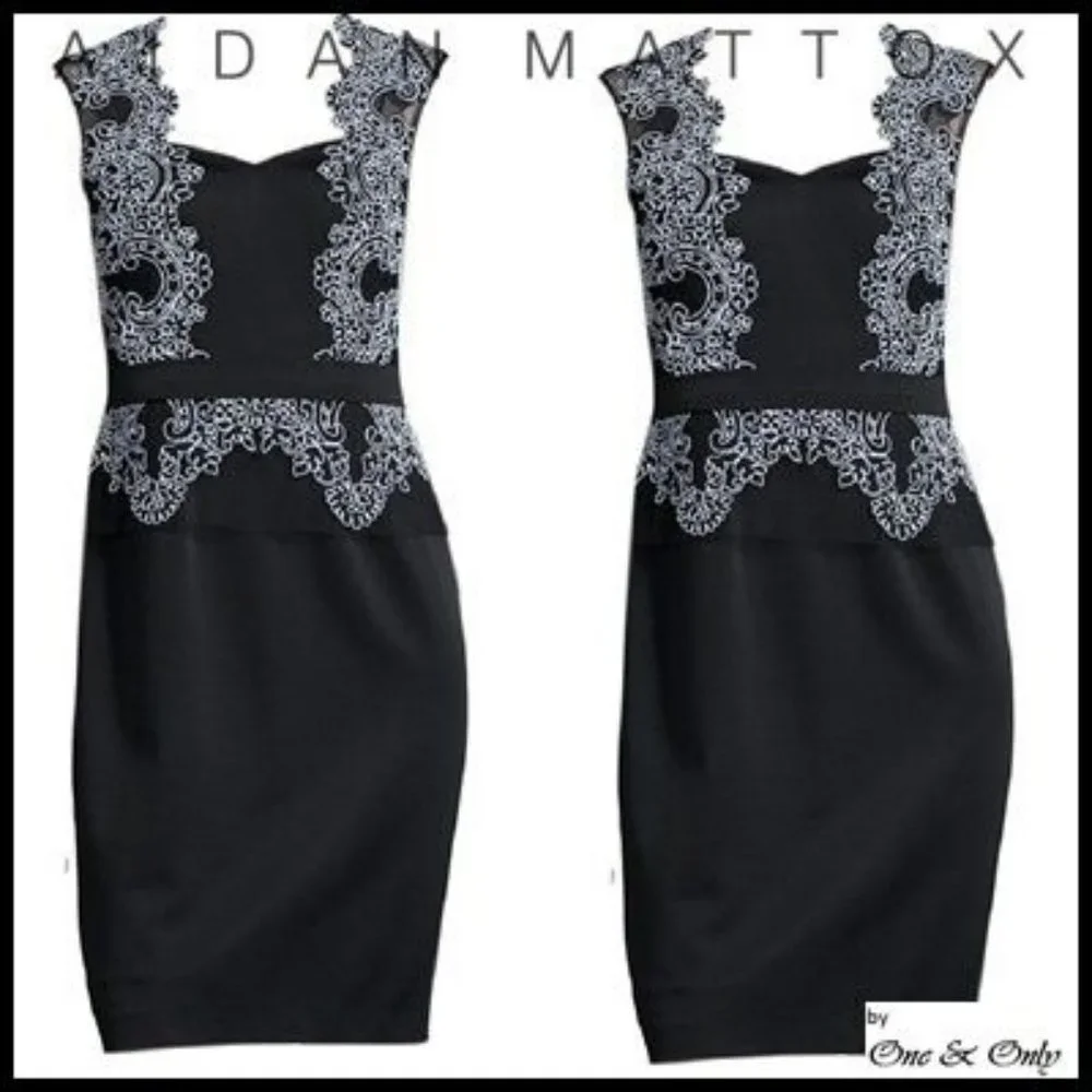 Aidan Mattox  Black Textured Sheath Dress W/ Mesh & White Giupure Dress.  SZ 12 - Picture 4 of 5